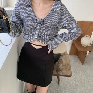 Long-sleeve Collared Striped Crop Top / Mini Pencil Skirt