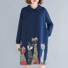 Collared Cat Print Sweatshirt Dress Navy Blue - One Size