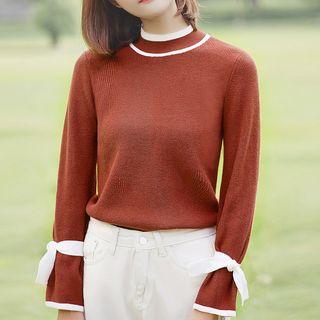 Long-sleeve Contrast Trim Tie-cuff Knit Top