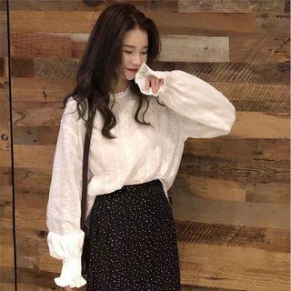 Eyelet Blouse / Dotted A-line Midi Skirt
