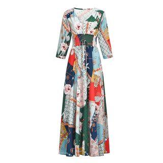 Floral Print 3/4-sleeve Maxi A-line Dress