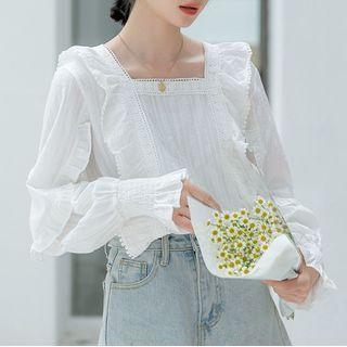 Square-neck Ruffle Trim Blouse White - One Size