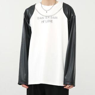 Long-sleeve Lettering Faux Leather T-shirt
