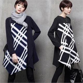 Checked-panel Asymmetric-hem Wool Blend Dress
