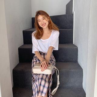 Slashed Plaid H-line Long Skirt