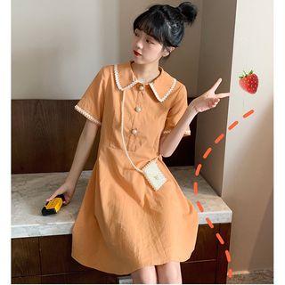 Faux Pearl Collared Short-sleeve A-line Dress