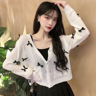 Bow Cropped Knit Cardigan White - One Size