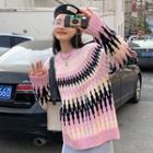 Color-block Knit Sweater Pink - One Size