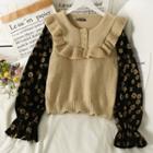 Printed-sleeve Ruffled Knit Top