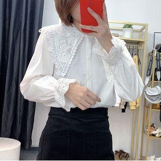 Lace Trim Collared Bell-sleeve Blouse White - One Size