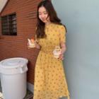Short-sleeve Floral Print Midi A-line Dress Yellow - One Size