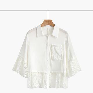 3/4-sleeve Lace Panel Shirt White - One Size