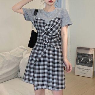 Mock Two-piece Short-sleeve Plaid Mini Sheath Dress Black & Gray - One Size
