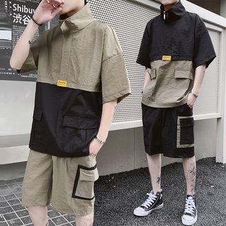 Set: Color Block Half Zip Elbow-sleeve Top + Shorts