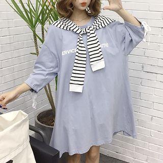 Set: Lettering 3/4 Sleeve T-shirt Dress + Striped Hood