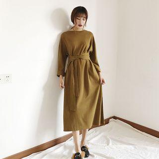 Long-sleeve A-line Slit Midi Dress