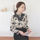 Frill-neck Lace-trim Floral Print Blouse