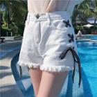Lace Up Frayed Hem Denim Shorts