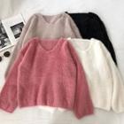 Plain V-neck Loose-fit Long-sleeve Sweater