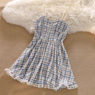 Spaghetti-strap Plaid Mini A-line Dress Plaid - Blue - One Size