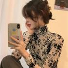 Long-sleeve Turtleneck Floral Print Top White - One Size