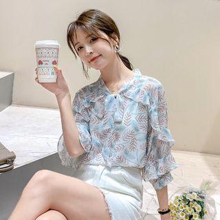 Puff-sleeve Ruffled Leaf Print Blouse