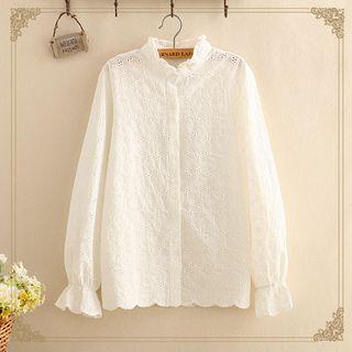 Stand-collar Eyelet Long-sleeve Shirt