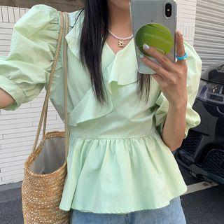 Short-sleeve V-neck Frill Trim Peplum Top Mint Green - One Size