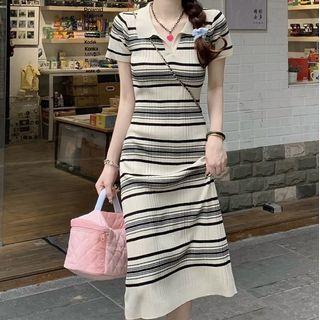 Short-sleeve Striped Midi Knit Polo Dress Almond - One Size