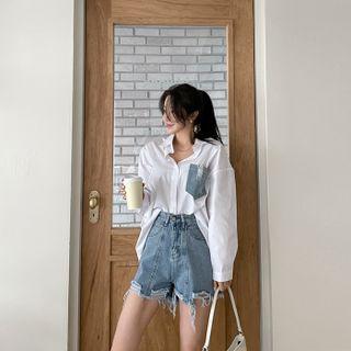 Distressed Denim-panel Shirt Ivory - One Size