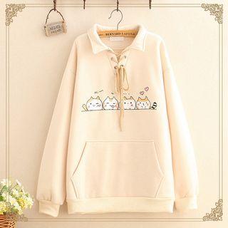 Cat Print Lace-up-detail Fleece-lined Hoodie
