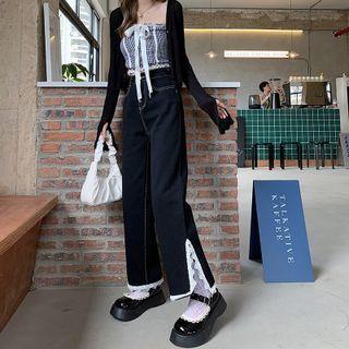 Slit Lace Trim Wide Leg Jeans