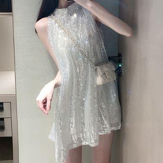 Mesh Sequined Mock-neck Mini Dress