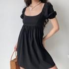Puff-sleeve U-neck Plain Dress
