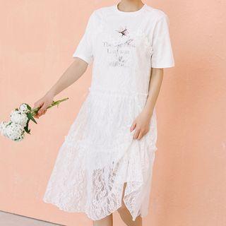 Set: Elbow-sleeve T-shirt + Spaghetti Strap Lace Dress