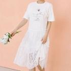 Set: Elbow-sleeve T-shirt + Spaghetti Strap Lace Dress