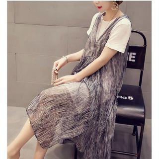 Set: Short Sleeve T-shirt + Sleeveless Midi Chiffon Dress