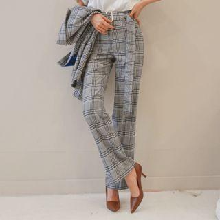 Wide-leg Belted Plaid Dress Pants