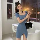 Short-sleeve Slit Knit Mini Sheath Dress