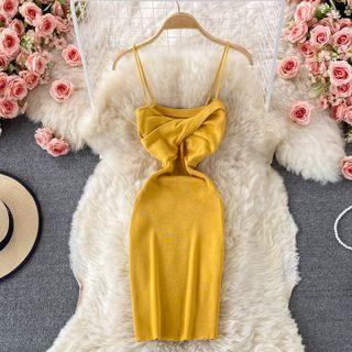Spaghetti Strap Wrap Knit Sheath Dress