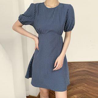 Crewneck Plaid Two Tone A-line Mini Dress