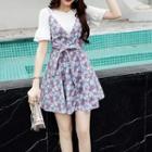 Set: Bell-sleeve Top + Spaghetti Strap Mini Floral Dress