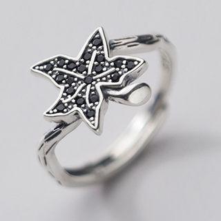 925 Sterling Silver Leaf Ring Black & Silver - One Size