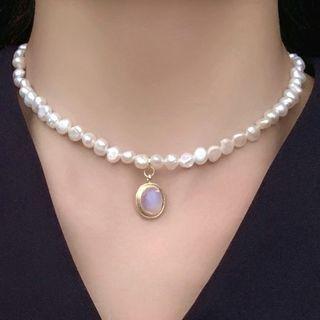 Gemstone Pendant Faux Pearl Choker 0721a - White - One Size