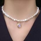 Gemstone Pendant Faux Pearl Choker 0721a - White - One Size