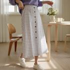 Buttoned Textured Long Gingham Skirt