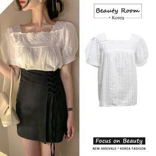 Puff-sleeve Frill Trim Crochet Plain Blouse