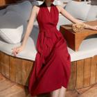Plain Halter-neck Tie-waist Midi A-line Dress