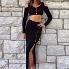 Set: Cut-out Long-sleeve Crop Top + Plain Side-slit Midi A-line Dress