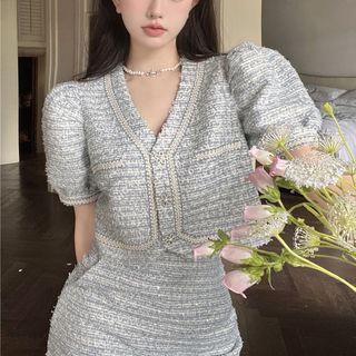 Short-sleeve Tweed Top / A-line Skirt
